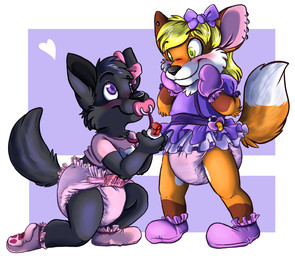 anthro blush booties candy clothing dessert diaper duo female food marriage_proposal pacifier tail toddler young young_anthro young_female pupspace canid canine canis fox mammal wolf