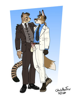 accessory anthro ball_tuft balls black_body black_clothing black_eyebrows black_fur black_hair black_necktie black_nose black_suit black_suit_jacket blue_background blue_dress_shirt blue_eyes blue_necktie bodily_fluids boots bottomwear brown_body brown_eyebrows brown_eyes brown_fur brown_hair circumcised circumcision_scar clothing collared_shirt countershade_face countershading dipstick_tail dress_shirt duo ear_piercing ear_stud erection eye_contact eyebrows footwear foreskin fur genital_fluids genital_scar genitals gradient_background grey_clothing grey_topwear grey_vest hair inner_ear_fluff looking_at_another male male/male male_anthro markings necktie open_mouth pants partially_clothed_male pattern_necktie pawpads penis penis_poking_out penis_through_fly piercing pink_inner_ear pink_nose plantigrade precum precum_on_penis precum_string red_penis retracted_foreskin saliva saliva_string scar shirt shoes short_hair simple_background striped_markings striped_necktie striped_tail stripes suit suit_vest tail tail_markings tan_body tan_fur tan_inner_ear_fluff tie_clip tongue tongue_out topwear tuft vest whisker_spots whiskers white_background white_clothing white_dress_shirt white_inner_ear_fluff white_suit white_suit_jacket bartek22 julius_(darvince) sid_(bartek22) canid canine felid feline fox mammal miracinonyx prehistoric_species 2026 absurd_res dated digital_media_(artwork) flat_colors hi_res signature