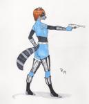 agent anthro cosplay female gun holding_gun holding_object holding_ranged_weapon holding_weapon ranged_weapon simple_background solo weapon white_background dreadwolfclaw1990 perfect_dark rareware cassie_lawton joanna_dark mammal procyonid raccoon 2019 absurd_res hi_res traditional_media_(artwork)