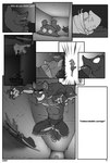 anthro battle canid canine clothed clothing comic dialogue duo ear_piercing english_text female fox greyscale huska jailed love_can_be_different male mammal miles_df monochrome multi-word_onomatopoeia muscular muscular_male navel nine_frame_image onomatopoeia outside_panel overlay_layer panel_overlap piercing richard_(lcbd) separation_(layout) sound_effects tail text topless zoom_in_transition