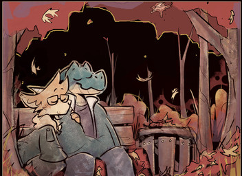 anthro anthro_on_anthro autumn autumn_leaves bench bottomwear brown_body brown_fur canon_couple closed_smile clothing duo eyes_closed eyewear fur furniture glasses green_body green_scales horn jacket male male/male mouth_closed nature outside pants plant romantic romantic_couple scales size_difference smile topwear tree wood wood_bench wood_furniture biscotti_(artist) duncan_and_eddie duncan_(doginacafe) eddie_(doginacafe) bovid caprine crocodile crocodilian goat mammal reptile scalie 2024 english_description