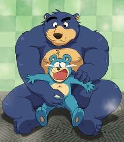 anthro black_nose blue_body bodily_fluids crying detailed_background duo handjob kemono male moobs nipples penile sex sitting size_difference slightly_chubby tears young young_anthro young_male kmhr_889012 bear mammal 2023 hi_res