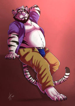anthro beard belly big_belly blue_clothing blue_underwear bottomwear brown_beard brown_bottomwear brown_clothing brown_facial_hair brown_pants bulge clothed clothing ear_piercing ear_ring ear_stud eyewear facial_hair facial_markings fur glasses head_markings looking_at_viewer male male_anthro markings open_clothing open_topwear overweight overweight_anthro overweight_male pants piercing pink_nose pose purple_clothing purple_topwear rectangular_glasses red_background red_eyes ring_piercing simple_background smile solo striped_arms striped_markings striped_tail stripes tail tail_markings topwear underwear white_body white_fur hufnaar felid mammal pantherine tiger 2017 absurd_res dated hi_res