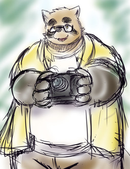 amber_eyes anthro brown_body brown_fur camera clothed clothing eyewear facial_markings fully_clothed fur glasses head_markings male markings mask_(marking) overweight overweight_anthro overweight_male shirt solo topwear white_clothing white_shirt white_topwear yellow_clothing yellow_shirt yellow_topwear tanoyuki_tanu morenatsu kounosuke_kuri canid canine mammal raccoon_dog tanuki 2025 absurd_res hi_res sketch
