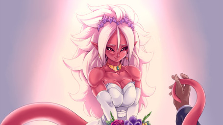 armwear black_sclera bodily_fluids bouquet breast_squish breasts cleavage clothed clothing disembodied_hand dress duo ear_piercing elbow_gloves female first_person_view floral flower flower_crown flower_garland garland gloves hair handwear head_wreath humanoid_pointy_ears jewelry male male_pov necklace not_furry piercing pink_body pink_skin plant pointy_ears prehensile_tail red_eyes smile solo_focus squish tail tears wedding_dress white_hair plagueofgripes dragon_ball dragon_ball_fighterz android_21 majin_android_21 alien alien_humanoid human humanoid majin mammal 2018 hi_res