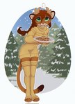 anthro antlers brown_body brown_fur candy chocolate chocolate_chip_cookie chocolate_chips clothed clothing cookie dessert feet female food front_view fully_clothed fur green_eyes hair holding_cookie holding_food holding_object holding_plate horn leaning leaning_forward leg_warmers legwear long_shirt long_tail looking_at_viewer open_mouth open_smile pink_nose plant ponytail red_hair smile snow solo standing sweater tail toeless_legwear toes topwear tree yellow_clothing yellow_leg_warmers yellow_legwear yellow_sweater yellow_topwear yshanii holley_(sclimshady) felid feline mammal 2023 digital_media_(artwork) full-length_portrait hi_res portrait