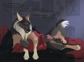 anatomically_correct balls bedroom bodily_fluids dripping erection feral fluffy fluffy_chest genital_fluids genitals hybrid_genitalia hybrid_penis looking_at_viewer male notched_ear penis precum precum_drip smile smiling_at_viewer solo speech_bubble teeth under_covers shikyotis jake_(shikyotis) canid canine canis domestic_dog german_shepherd herding_dog mammal pastoral_dog invalid_background jake_(disambiguation) hi_res