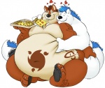 anthro anthro_on_anthro belly_rub cheese cuddling dairy_products duo eating feeding fondling food grope hug love_handles male male/male melted_cheese moobs nude obese overeating overweight pizza stuffing tail thick_tail weight_gain kronexfire bear canid canine hybrid mammal