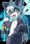 :3 :d anthro blue_eyes blush butt cheek_tuft clothing cute_fangs detailed_background dipstick_tail facial_tuft fluffy fluffy_tail fur gloves_(marking) grey_body grey_fur holding_object inner_ear_fluff kemono lamp looking_at_viewer looking_back looking_back_at_viewer male markings multicolored_body multicolored_fur neck_tuft oil_lamp open_mouth pupils scarf smile solo star tail tail_markings translucent translucent_clothing translucent_scarf tuft twinkle two_tone_body two_tone_fur white_pupils young young_anthro dinogaize canid canine canis domestic_dog mammal 2018 shaded