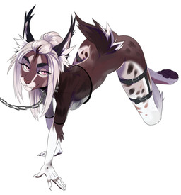 4_toes 5_fingers all_fours anthro breasts collar eyebrows eyelashes feet female fingers fur hair leash looking_at_viewer pink_eyes smile solo toes drmax felid feline lynx mammal 2019 digital_media_(artwork) hi_res