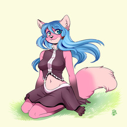 4_toes anthro biped blue_eyes blue_hair bottomwear breasts clothed clothing feet female fur gloves_(marking) grass hair high-angle_view inner_ear_fluff kneeling leg_markings long_hair markings navel pink_body pink_fur plant pose sitting skirt smile socks_(marking) solo tail toes tuft wind luckypan takimi canid canine mammal 1:1 digital_media_(artwork) low_res shaded