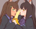 banana blush breasts clothed clothing duo female food fruit green_eyes licking plant tongue tongue_out nao_(artist) animal_humanoid humanoid 5:4 digital_media_(artwork) hi_res shaded