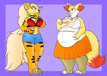 4_toes 5_fingers anthro barefoot belly belly_grab big_belly big_breasts biped black_clothing black_stripes blep blonde_hair blue_bottomwear blue_clothing blue_eyes blue_shorts bottomwear breasts claws cleavage clothed clothed_anthro clothed_female clothing collar countershade_face countershade_fur countershade_torso countershading denim denim_bottomwear denim_clothing denim_shorts dipstick_tail duo eye_contact feet female female_anthro fingers fluffy fluffy_hair fluffy_tail fur fur_tuft hair hair_over_eye inner_ear_fluff jewelry legwear long_hair long_tail looking_at_another markings necklace obese obese_anthro obese_female orange_bottomwear orange_clothing orange_skirt orange_text overweight overweight_anthro overweight_female pantyhose playful red_clothing red_inner_ear_fluff red_markings red_topwear shirt shorts skirt smile snickering stirrup_legwear striped_body striped_fur stripes tail tail_markings tank_top text text_on_clothing thick_thighs toe_claws toes tongue tongue_out topwear tuft vowelless vowelless_vocalization white_body white_countershading white_tuft yellow_body yellow_fur strawberrymilkdog nintendo pokemon arcanine braixen canid canine generation_1_pokemon generation_6_pokemon mammal pokemon_(species) 2021 colored english_text full-length_portrait hi_res portrait shaded watermark