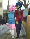 anthro blue_body blue_hair bottomwear clothing denim denim_bottomwear denim_clothing duo feathered_wings feathers femboy footwear grey_clothing hair jacket jeans knee_highs knee_socks legwear male pants pink_body pink_hair red_clothing red_jacket red_topwear shoes shorts smile snout socks sweater tail topwear wings astralc0de leon_sokol_(blulowcj) sweet_sylvi archaeopteryx dinosaur feathered_dinosaur feathered_scalie microceratops prehistoric_species reptile scalie theropod absurd_res digital_media_(artwork) hi_res