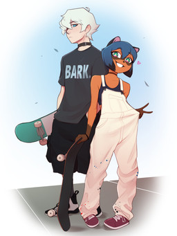 anthro blue_eyes blue_hair bra clothing collar duo female fur gesture hair hand_gesture male male/female overalls shirt skateboard sports_bra tan_body tan_fur text text_on_clothing text_on_shirt text_on_topwear topwear underwear v_sign vehicle conditional_dnp pudgeruffian brand_new_animal cc-by-nc creative_commons studio_trigger michiru_kagemori shirou_ogami canid canine human mammal raccoon_dog 3:4 absurd_res hi_res