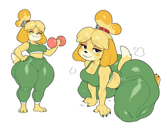 anthro blonde_hair bottomwear clothing exercise eyes_closed feet female fingernails floppy_ears green_bottomwear green_clothing green_pants green_shirt green_tank_top green_topwear hair looking_at_viewer nails pants shirt sitting smile solo tail tank_top topwear weightlifting workout workout_clothing yellow_body bingbingzi animal_crossing nintendo isabelle_(animal_crossing) canid canine canis domestic_dog mammal shih_tzu toy_dog absurd_res hi_res