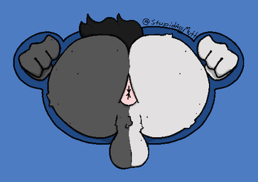 anthro anus balls black_body black_fur black_tail butt freckled_butt freckles fur genitals grey_body grey_fur male questionable_consent red_eyes solo split_color stuck tail through_wall white_body white_fur stupidassmutt zepheras canid canine canis domestic_dog mammal