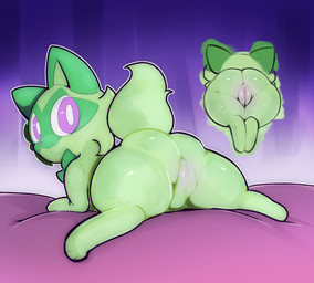 big_butt butt female feral genitals looking_at_viewer looking_back lying on_front plump_labia solo tail thick_thighs vulva semitone nintendo pokemon domestic_cat felid feline felis generation_9_pokemon mammal pokemon_(species) shiny_pokemon sprigatito hi_res