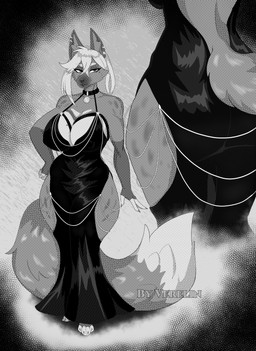 anthro birthmark black_clothing black_dress clothed clothing dress ear_piercing female fluffy fluffy_tail fur grey_body grey_fur looking_at_viewer looking_back markings mature_anthro mature_female multiple_angles multiple_poses paws piercing pose rear_view solo tail verelin hollow_hip_backless_chain_dress meme_clothing canid canine canis mammal 2025 dithering full-length_portrait hi_res meme monochrome portrait