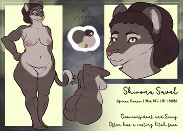 anthro belly big_butt brown_body butt cornrows countershading dark_hair female genitals hair nipples overweight pink_nipples ponytail shirona_savel solo thick_thighs vulva wide_hips qapricore felid lion mammal pantherine absurd_res hi_res model_sheet