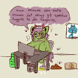 baby_talk beard bodily_fluids bottle chair computer computer_keyboard container derp_eyes dialogue dirty electronics facial_hair fake_ears feces feral furniture genital_fluids green_body hair headgear headphones headset male male_feral misogyny obese obese_feral obese_male open_mouth overweight overweight_feral overweight_male picture_on_wall purple_hair purple_tail quadruped sexism sitting solo speech_bubble tail text urine young young_feral edgysketties fluffy_pony mountain_dew ambient_arthropod ambient_fly ambient_insect fluffy_pony_(species) mammal 1:1 2020 digital_media_(artwork) english_description english_text hi_res