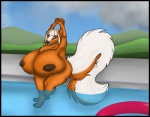 anthro areola big_breasts big_nipples black_border border breasts female fur huge_nipples hyper nipples solo swimming_pool water wet wide_hips banrai mammal mephitid skunk digital_drawing_(artwork) digital_media_(artwork)