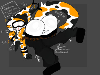 ambiguous_fluids ambiguous_gender anthro aroused beanie big_butt blush bodily_fluids butt clothing eyewear eyewear_on_head fur goggles goggles_on_face goggles_on_head hat headgear headwear long_ears long_tail nude ovulating profanity solo tail text thick_thighs vaginal white_body white_fur voidlyvessel emmanuel_(voidlyvessel) calico_cat domestic_cat felid feline felis mammal 4:3 absurd_res english_text hi_res trans_(lore) trans_man_(lore)