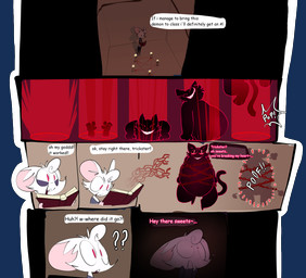 anthro binder_(restraint) bindings book dark_magic dialogue hell impending_doom impending_transformation implied_transformation magic magic_user male occult_symbol overweight pentagram portal restraints stuck summoning summoning_circle symbol tail text yeenskunk cassidy_(yeenskunk) the_black_cat_(caudle) demon domestic_cat felid feline felis ghost mammal mouse murid murine rodent spirit absurd_res alpha_channel comic english_text hi_res