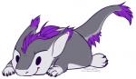 ambiguous_gender black_eyes claws feral fur grey_body grey_fur hair lying nude on_front purple_body purple_fur purple_hair simple_background smile solo tail text toe_claws white_background white_body white_fur ailuranthropy storm_(stormblazer) sergal 2016 english_text signature