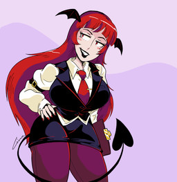 accessory big_breasts black_bottomwear black_clothing black_lipstick black_skirt black_tail black_topwear black_vest black_wings blush blush_lines bottomwear breasts clipboard clothed clothing colored_nails eyelashes female front_view hair hand_on_hip head_wings holding_clipboard holding_object huge_breasts legwear lipstick long_hair makeup mole_under_eye nails necktie purple_background purple_clothing purple_legwear red_eyes red_hair red_nails red_necktie simple_background skirt solo spade_tail tail tan_body tan_skin thick_thighs topwear unusual_wing_placement vest wide_hips wings linaciari touhou koakuma humanoid tailed_humanoid hi_res