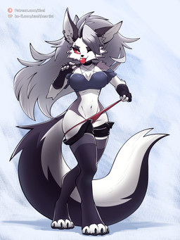 anthro black_body black_fur bottomwear candy claws clothing dessert female food fur grey_body grey_fur hair legwear lollipop long_hair one_eye_closed panties paws shorts stockings tail teasing teasing_viewer text thigh_highs underwear unzipped white_body white_fur wink zipper conditional_dnp xael_the_artist hellaverse helluva_boss mythology loona_(helluva_boss) canid canid_demon canine demon hellhound mammal mythological_canine mythological_creature 3:4 absurd_res hi_res url