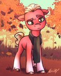 autumn autumn_leaves eyebrows falling_leaves feral green_eyes hooves leaf male mane outside plant raised_eyebrow red_body scarf solo thick_eyebrows tree buttersprinkle hasbro mlp_g5 my_little_pony sprout_cloverleaf_(mlp) earth_pony equid equine horse mammal pony 2022 digital_media_(artwork) hi_res signature