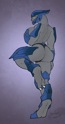 armor big_breasts big_butt breast_grab breasts butt claws clothing digitigrade female grey_body hand_on_breast headgear helmet mandibles side_boob side_view simple_background solo thick_thighs thong underwear yellow_sclera chasertech halo_(series) microsoft xbox_game_studios alien sangheili absurd_res hi_res