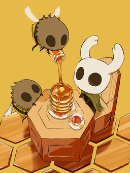 2_horns ambiguous_gender anthro biped black_body black_eyes chair cloak clothing container cup cup_of_tea feral flying food furniture group honey_(food) honey_jar horn on_chair pancake plate sitting sitting_on_chair table trio wings arizuka00 hollow_knight_(franchise) team_cherry the_knight_(hollow_knight) arthropod bee hymenopteran insect vessel_(species) 2021 hi_res