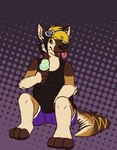 anthro blep bottomwear clothing dessert eyewear eyewear_on_head female food glasses glasses_on_head hair ice_cream shorts sitting sleeveless_shirt smile solo tail tongue tongue_out lichdog canid canine canis domestic_dog mammal hi_res