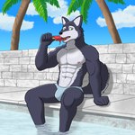1:1 abs absurd_res anthro artsywoodpecker bent_arm bent_legs bulge canid canine canis clothed clothing domestic_dog extended_arm feet_in_water food fur green_eyes hi_res husky legs_over_edge looking_at_viewer male mammal multicolored_body multicolored_fur muscular muscular_anthro muscular_male nipples nordic_sled_dog outside over_edge partially_submerged pecs popsicle shoichi_urata sitting skimpy soaking_feet solo speedo spitz swimming_pool swimwear tennis_ace topless two_tone_body two_tone_fur water