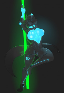 5_fingers anthro areola big_breasts bioluminescence blue_eyes blue_vulva breasts electrical_plug female fingers front_view genitals glowing glowing_areola glowing_genitalia glowing_nipples glowing_vulva gradient_background green_background machine nipples nude pole simple_background snout solo standing stripper_pole thick_thighs ventral_groove vulva fluffyblarg nieve_07 canid canine hybrid mammal robot hi_res