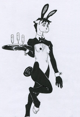anthro beverage bow_tie breasts clothing costume fake_ears fake_rabbit_ears female hooves reverse_bunny_costume simple_background solo tail unguligrade walking adeptus-monitus equid equine horse mammal pony black_and_white monochrome traditional_media_(artwork)