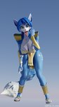 anthro big_breasts blue_body blue_fur blue_hair breasts clothed clothing fellatio_gesture female fur gesture hair looking_at_viewer open_mouth simple_background solo suggestive suggestive_gesture tongue tongue_out white_body white_fur zombies_in_soup circle_game nintendo star_fox warfare_machine krystal_(star_fox) warfare_krystal canid canine fox mammal 3d_(artwork) 9:16 digital_media_(artwork) hi_res