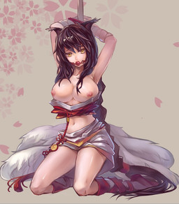 armwear ball_gag bdsm big_breasts black_hair bondage bound braided_hair breasts clothed clothing clothing_pull detached_sleeves female fox_tail gag gagged hair hands_behind_head kneeling long_hair looking_at_viewer midriff multi_tail navel nipples pole restrained shirt shirt_pull solo submissive submissive_female tail topwear topwear_pull yellow_eyes bi_ge_xing league_of_legends riot_games tencent ahri_(lol) animal_humanoid canid canid_humanoid canine canine_humanoid fox fox_humanoid humanoid mammal mammal_humanoid 2014