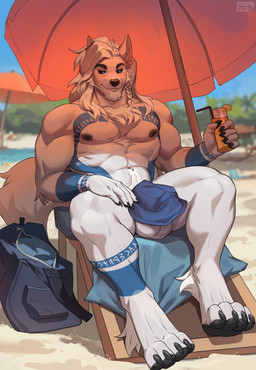 5_fingers abs anthro areola bag balls beach beverage biceps chair clothing container covered_penis cup drinking_glass feet fingers fur furniture genitals glass glass_container glass_cup hair hat headgear headwear holding_container holding_cup holding_object male muscular muscular_anthro muscular_male navel navel_piercing nipple_piercing nipples nude outside pecs piercing sand seaside sitting smile solo spread_legs spreading tail toes umbrella white_body white_fur poofroom pyro29 arctic_wolf canid canine canis mammal wolf absurd_res digital_media_(artwork) hi_res