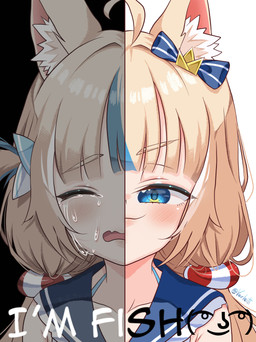 accessory ahoge animal_ears black_background blonde_hair blue_eyes blush bodily_fluids collarbone crying cute_fangs eyes_closed fangs female fluffy_ears hair hair_accessory highlights_(coloring) looking_at_viewer open_mouth pigtails shitpost simple_background smile split_screen tears teeth white_background varleitt vtuber sameko_saba_(vtuber) animal_humanoid cat_humanoid felid felid_humanoid feline feline_humanoid humanoid mammal mammal_humanoid absurd_res hi_res meme