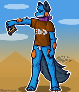 4_toes anthro barefoot blue_body blue_fur bottomless bottomless_male brown_clothing brown_pupils brown_shirt brown_topwear claws clothed clothing crotch_tuft desert disgruntled feet fin food fruit fur gun handgun head_tuft holding_gun holding_object holding_ranged_weapon holding_weapon male orange_body orange_gills orange_nose orange_scales orange_sclera pattern_clothing pattern_scarf paws persim_berry persim_scarf pistol plant pokemon_berry pupils pyramid ranged_weapon scales scarf shirt simple_background solo standing striped_clothing striped_scarf stripes tail tail_fin toe_claws toes topwear tuft unimpressed weapon stormiehills digital_legends_entertainment nintendo pokemon splatoon the_respawnables xevy canid canine canis generation_3_pokemon hybrid mammal pokemon_(species) swampert wolf absurd_res hi_res