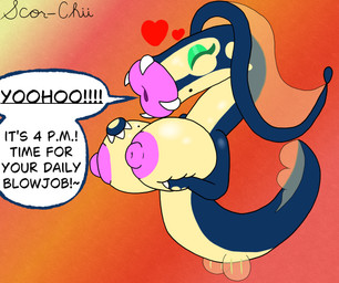 areola big_areola big_breasts big_nipples breasts busty_feral dialogue female feral hand_on_breast heart_symbol holding_breast huge_breasts hyper hyper_breasts hyper_lips lips makeup markings mole_(marking) nipples solo speech_bubble text thick_lips scor-chii nintendo pokemon maddy_(grass-noodle) aquatic eelektross generation_5_pokemon pokemon_(species) english_text hi_res