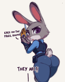 anthro big_butt buckteeth butt butt_pose clothed clothing dialogue female fully_clothed fur furgonomics grey_body grey_fur holding_object holding_weapon looking_at_viewer looking_back looking_back_at_viewer offscreen_character open_mouth police police_uniform pose purple_eyes rear_view scut_tail short_tail simple_background solo tail tail_clothing talking_to_viewer teeth text thick_thighs uniform weapon white_background wide_hips brachyzoid disney zootopia judy_hopps lagomorph leporid mammal rabbit 2020 digital_media_(artwork) english_text redraw