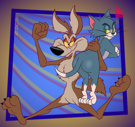 3_toes 4_fingers abstract_background angry annoyed anthro arched_soles arm_tuft athletic belly big_butt biped black_eyes black_nose black_toe_claws brown_body brown_fur butt carrying_another cheek_tuft chest_tuft crossed_arms curling_toes dipstick_tail duo elbow_tuft eyebrows facial_tuft feet fingers fist frowning_at_another fur glancing_back glaring_at_another glistening glistening_butt gloves_(marking) green_eyes grey_body grey_fur half-closed_eyes humanoid_feet humanoid_hands humanoid_heel knee_tuft leg_markings leg_tuft looking_at_another looking_back looking_back_at_another male markings multicolored_body multicolored_fur narrowed_eyes nude pattern_background paws pecs plantigrade pose rear_view running shoulder_tuft simple_background skinny small_waist smile smiling_at_another smirking_at_another socks_(marking) soles striped_background tail tail_markings tan_belly tan_body tan_eyebrows tan_fur toes tuft two_tone_body two_tone_fur wasp_waist whisker_spots whiskers white_feet white_hands white_tail_tip yellow_sclera gavanzude looney_tunes metro-goldwyn-mayer tom_and_jerry warner_brothers thomas_cat wile_e._coyote canid canine canis coyote domestic_cat felid feline felis mammal 2025 alternate_version_at_paywall colored crossover digital_drawing_(artwork) digital_media_(artwork) flat_colors hi_res pinup signature