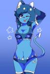 armwear blue_body blue_hair bra breasts cleavage clothed clothing elbow_gloves female gloves hair hands_behind_back handwear legwear not_furry one_eye_closed panties solo thigh_highs tongue tongue_out underwear wink ruii_kun geometry_dash robtopgames clubette demon 2019