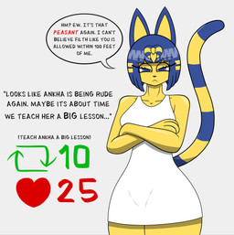annoyed anthro black_nose blue_eyes blue_hair breasts clothing collared_shirt crossed_arms dialogue dress dress_shirt dress_shirt_only egyptian egyptian_clothing egyptian_headdress eyelashes female fur growth_drive hair long_eyelashes markings shirt short_hair solo speech_bubble standing striped_markings striped_tail stripes tail tail_markings tall_ears text topwear white_clothing white_dress white_dress_shirt yellow_body yellow_fur marshall123x_(artist) animal_crossing egyptian_mythology middle_eastern_mythology mythology nintendo ankha_(animal_crossing) domestic_cat felid feline felis mammal absurd_res english_text hi_res
