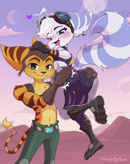 5_fingers anthro anthro_on_anthro belt big_butt blue_eyes blush boots bottomwear butt butt_grab butt_slap clothed clothed_anthro clothed_female clothed_male clothing duo ear_piercing ear_ring eyebrows eyelashes eyewear eyewear_on_head fangs female female_anthro fingers footwear fur gloves goggles goggles_on_head green_eyes hand_on_butt handwear head_tuft headgear headwear heart_symbol humanoid_hands looking_at_viewer looking_back looking_back_at_viewer male male/female male_anthro navel open_mouth pants piercing ring_piercing shoes slap standing striped_body striped_fur stripes tail tail_tuft teeth thigh_gap tongue tuft white_body white_fur yellow_body yellow_fur jasminthemanticore ratchet_and_clank sony_corporation sony_interactive_entertainment ratchet_(ratchet_and_clank) rivet_(ratchet_and_clank) lombax mammal 2026 absurd_res hi_res