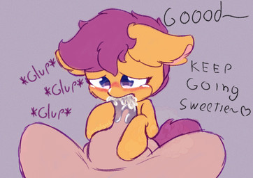 balls blush bodily_fluids cum cum_in_mouth cum_inside drinking drinking_cum duo erection fellatio female feral fur genital_fluids genitals hair male male_penetrating nude oral oral_penetration penetration penile penis penis_nursing sex simple_background tail text tongue wings young cristalyzed friendship_is_magic hasbro my_little_pony mythology scootaloo_(mlp) equid equine horse human mammal mythological_creature mythological_equine pegasus pony